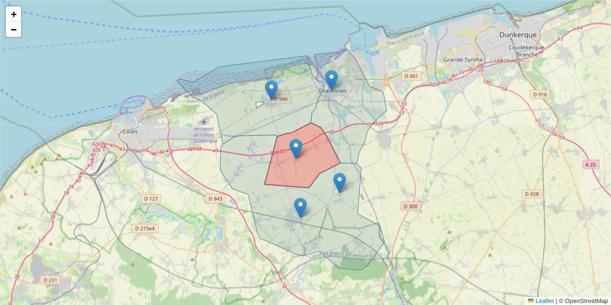 Carte de la zone du code postal  et des codes postaux voisins en France