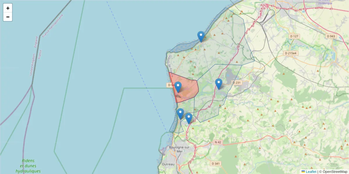 Carte de la zone du code postal  et des codes postaux voisins en France