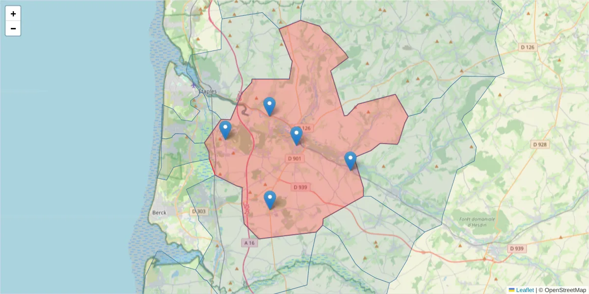 Carte de la zone du code postal  et des codes postaux voisins en France