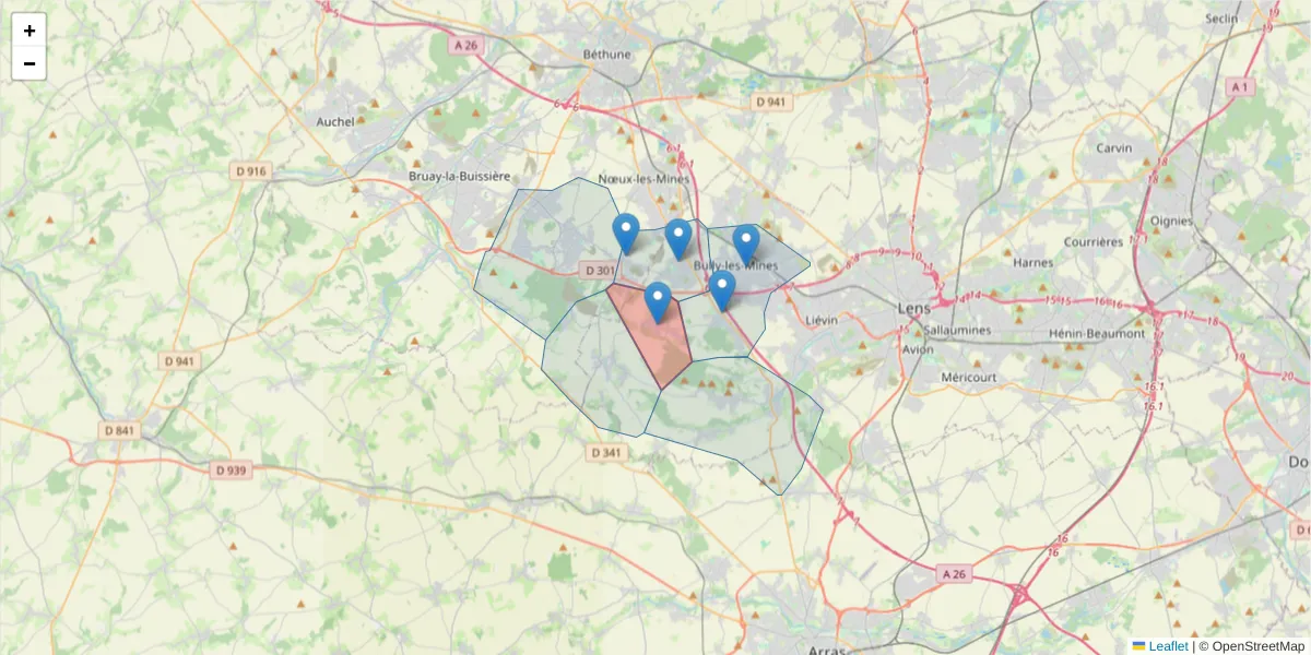 Carte de la zone du code postal  et des codes postaux voisins en France