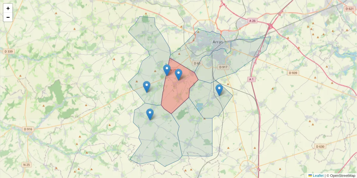 Carte de la zone du code postal  et des codes postaux voisins en France