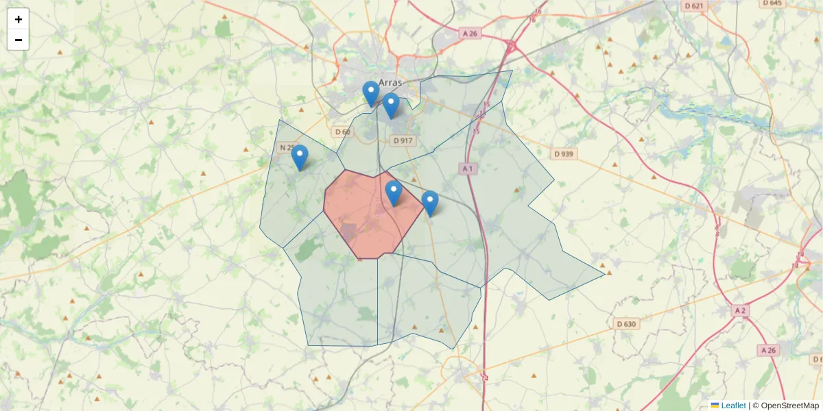 Carte de la zone du code postal  et des codes postaux voisins en France