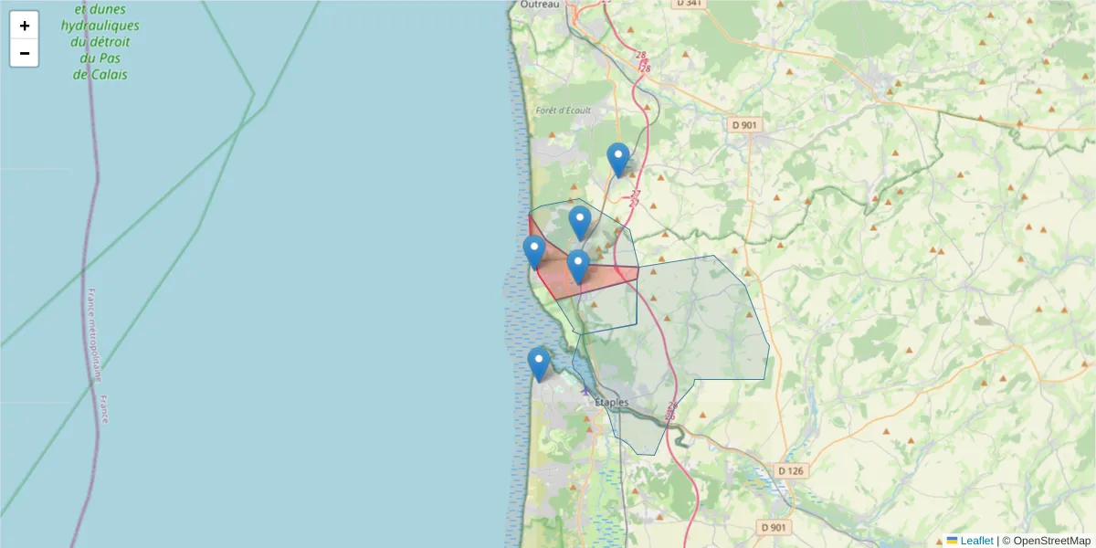 Carte de la zone du code postal  et des codes postaux voisins en France