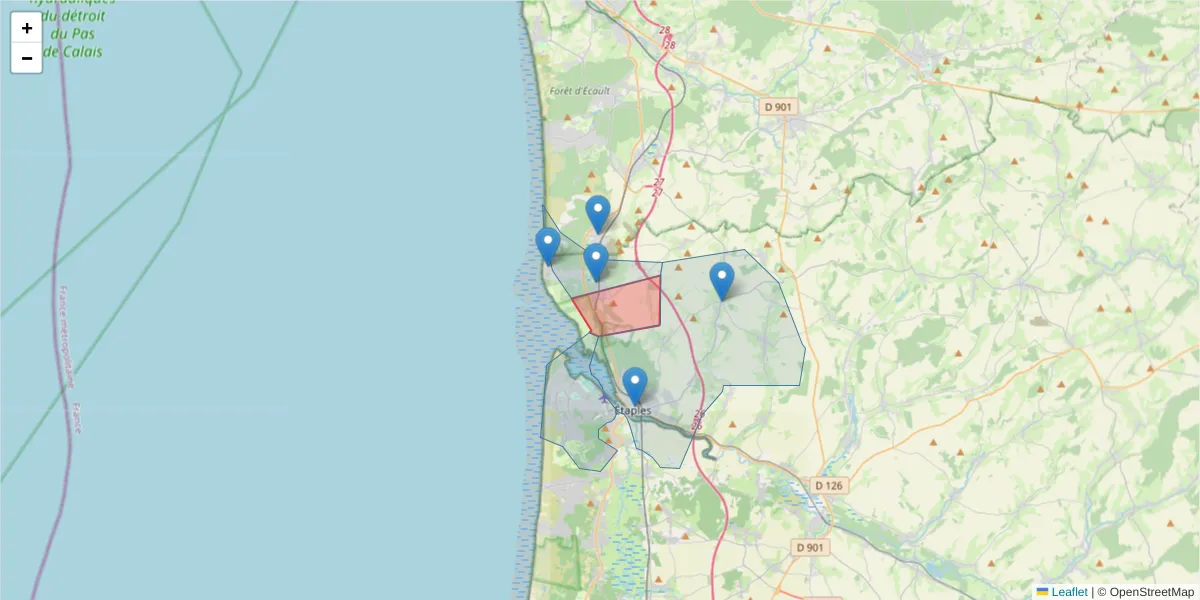 Carte de la zone du code postal  et des codes postaux voisins en France