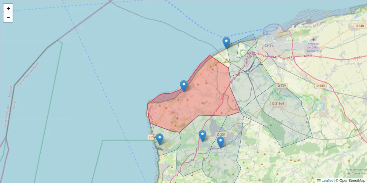 Carte de la zone du code postal  et des codes postaux voisins en France