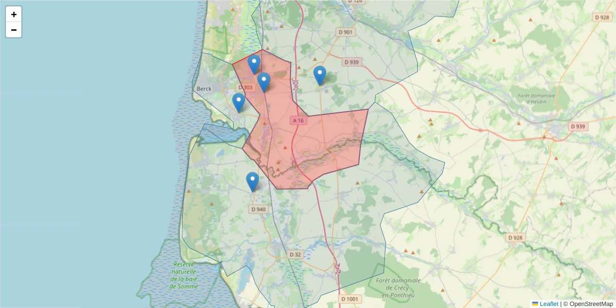 Carte de la zone du code postal  et des codes postaux voisins en France