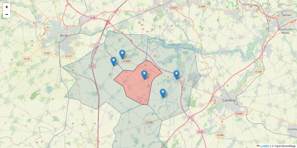 Carte de la zone du code postal  et des codes postaux voisins en France