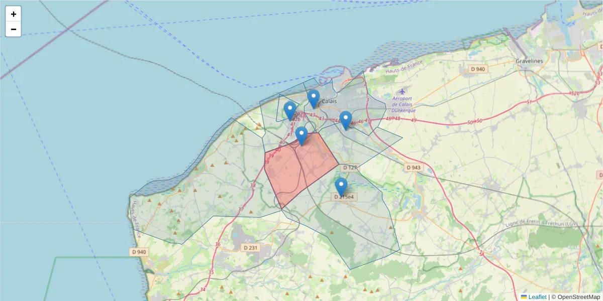 Carte de la zone du code postal  et des codes postaux voisins en France