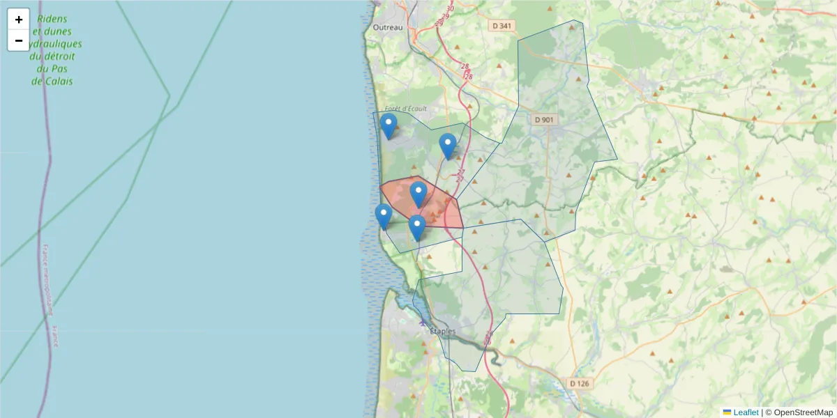 Carte de la zone du code postal  et des codes postaux voisins en France