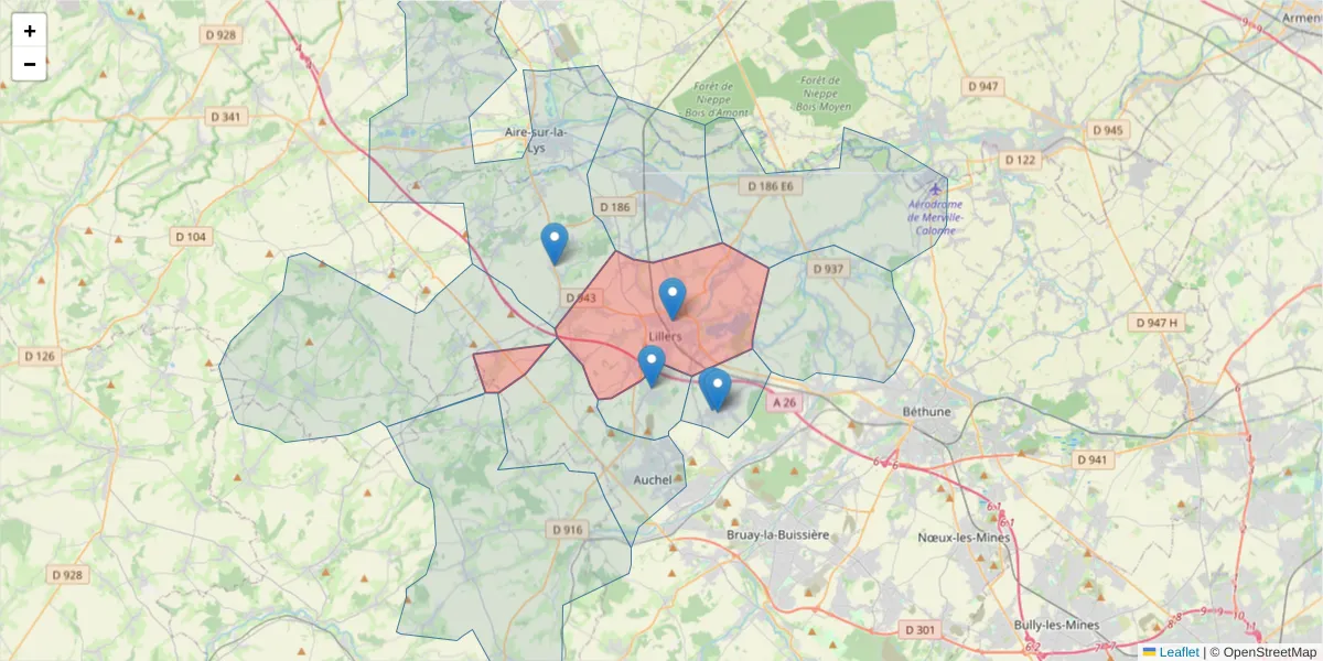 Carte de la zone du code postal  et des codes postaux voisins en France