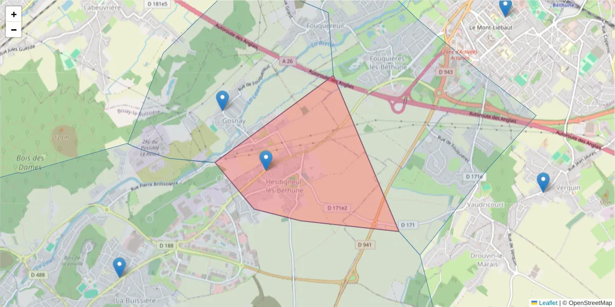 Carte de la zone du code postal  et des codes postaux voisins en France