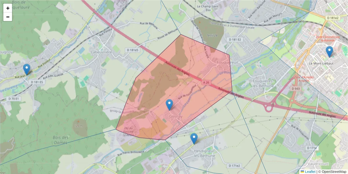 Carte de la zone du code postal  et des codes postaux voisins en France