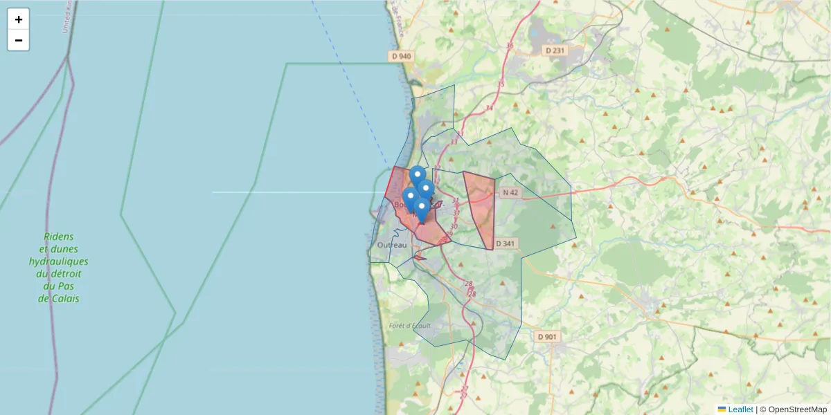 Carte de la zone du code postal  et des codes postaux voisins en France