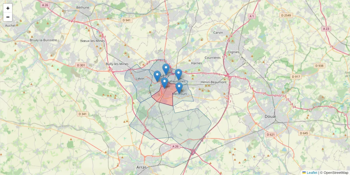 Carte de la zone du code postal  et des codes postaux voisins en France