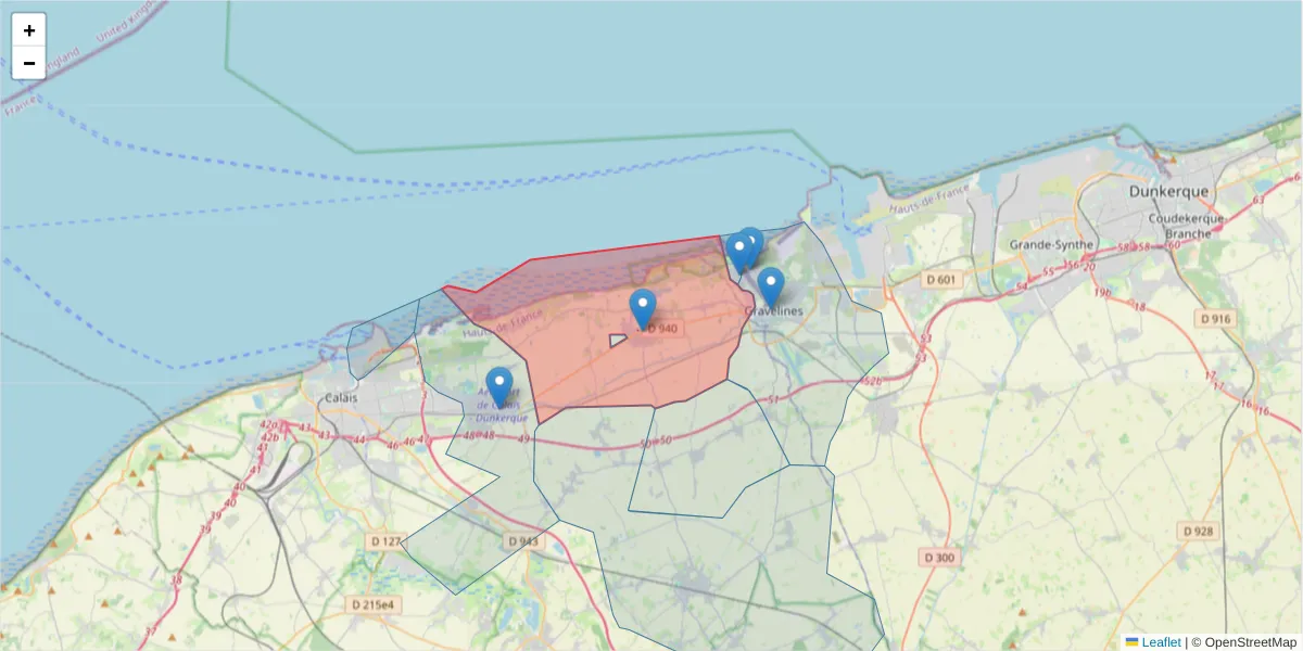 Carte de la zone du code postal  et des codes postaux voisins en France