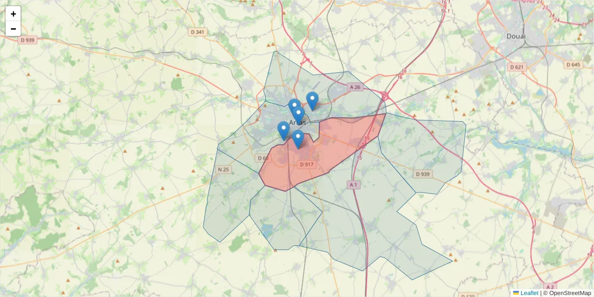 Carte de la zone du code postal  et des codes postaux voisins en France