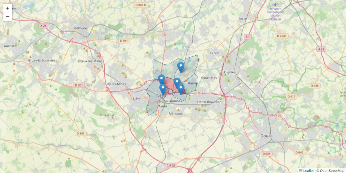 Carte de la zone du code postal  et des codes postaux voisins en France