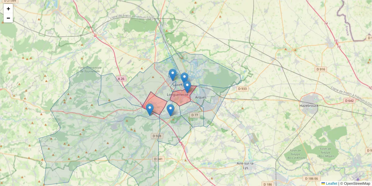 Carte de la zone du code postal  et des codes postaux voisins en France