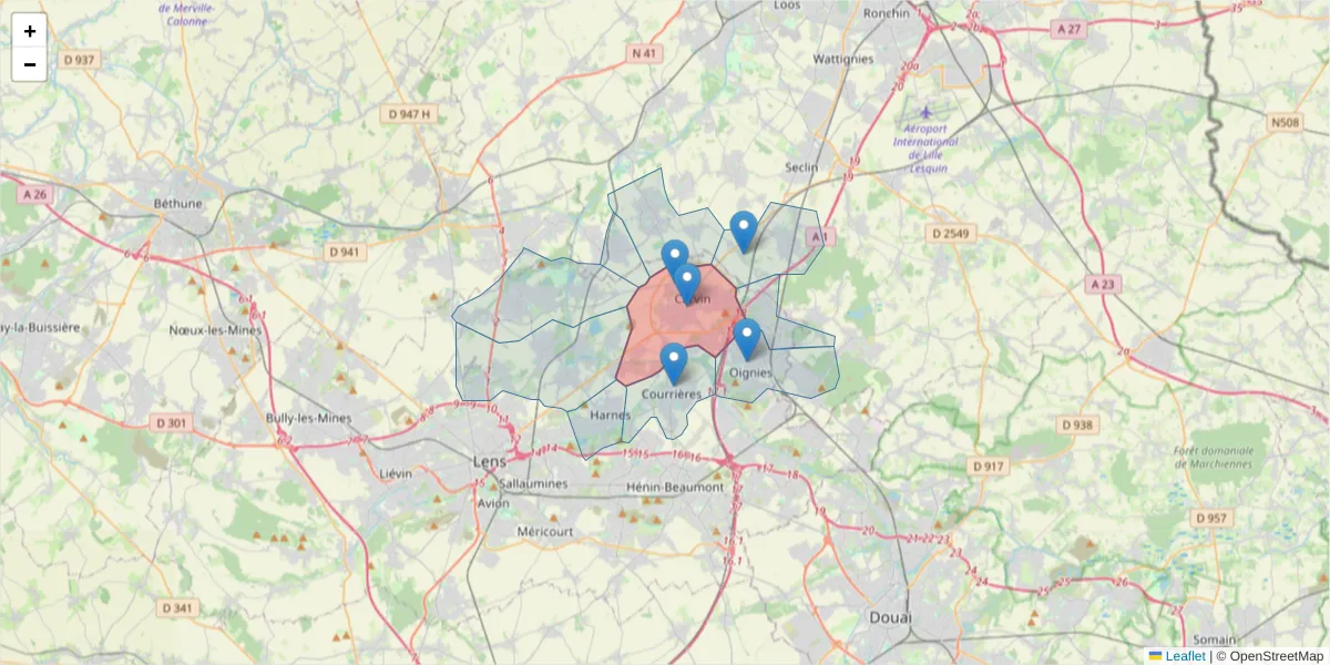 Carte de la zone du code postal  et des codes postaux voisins en France