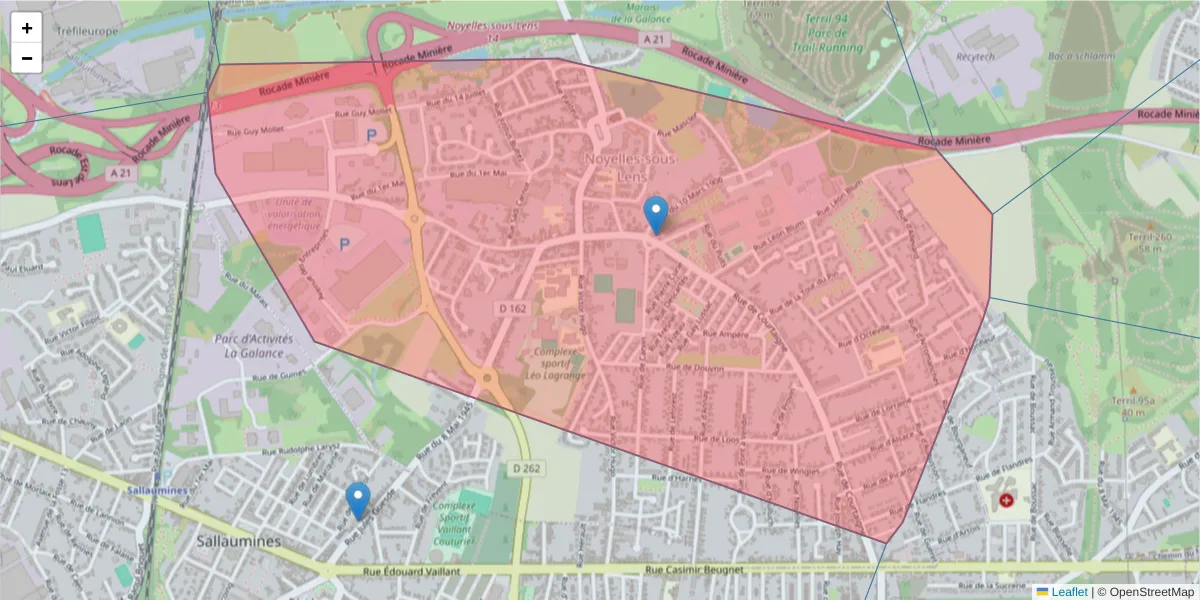 Carte de la zone du code postal  et des codes postaux voisins en France