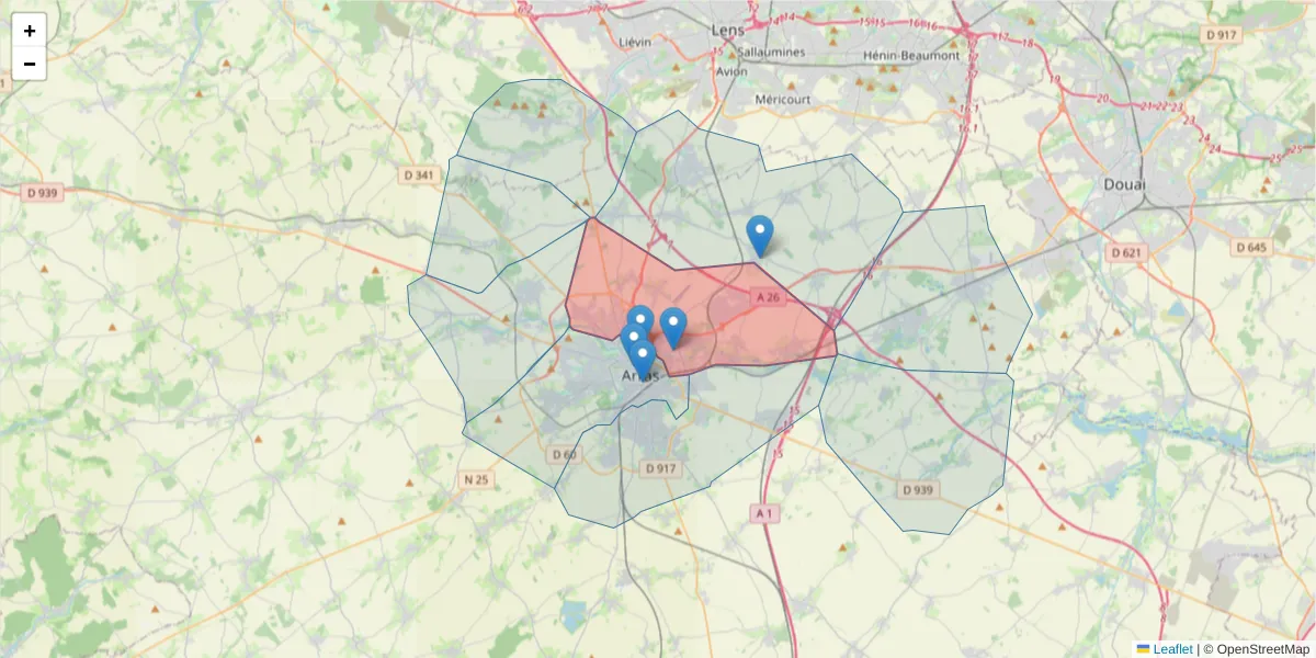 Carte de la zone du code postal  et des codes postaux voisins en France