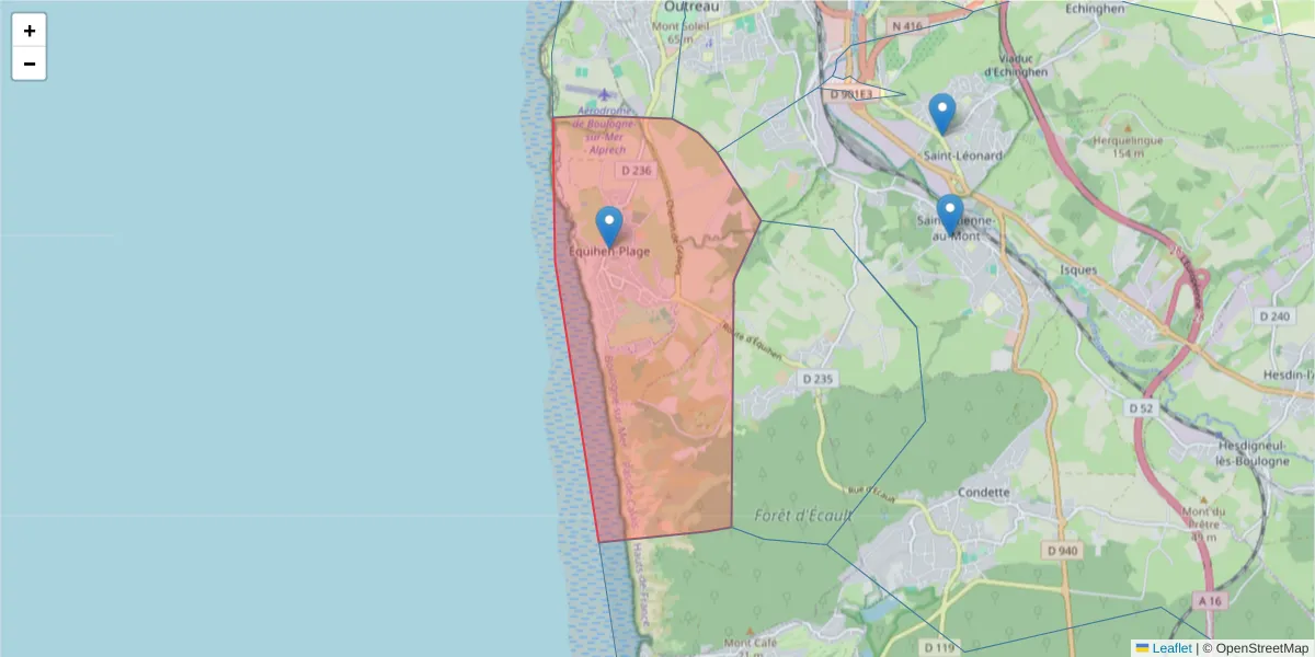 Carte de la zone du code postal  et des codes postaux voisins en France