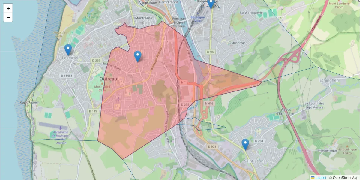 Carte de la zone du code postal  et des codes postaux voisins en France