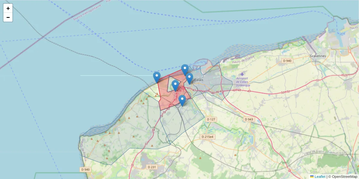 Carte de la zone du code postal  et des codes postaux voisins en France