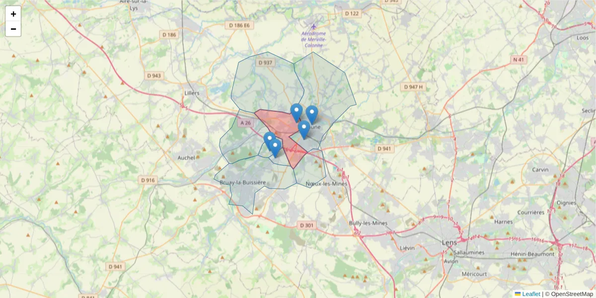 Carte de la zone du code postal  et des codes postaux voisins en France