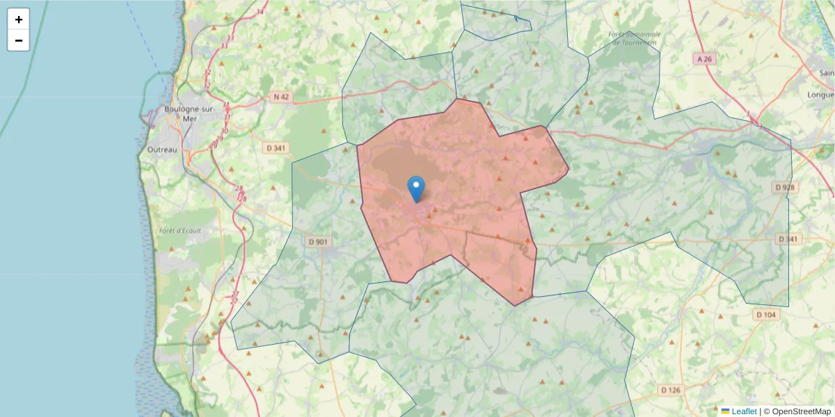 Carte de la zone du code postal  et des codes postaux voisins en France