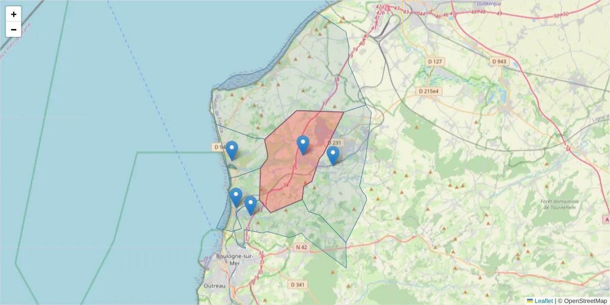 Carte de la zone du code postal  et des codes postaux voisins en France