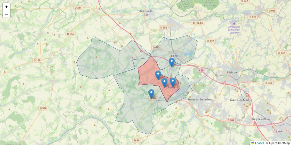 Carte de la zone du code postal  et des codes postaux voisins en France