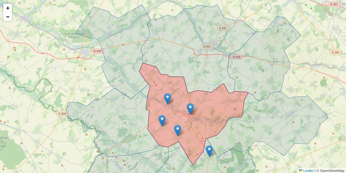 Carte de la zone du code postal  et des codes postaux voisins en France