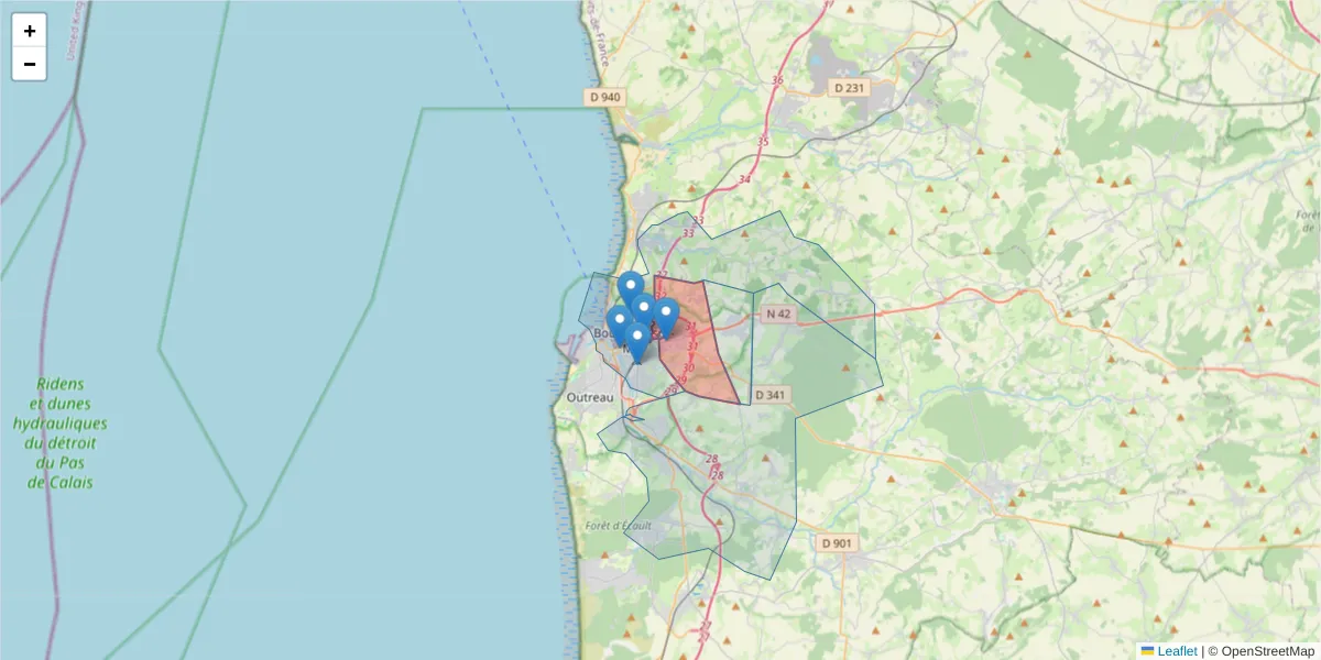 Carte de la zone du code postal  et des codes postaux voisins en France
