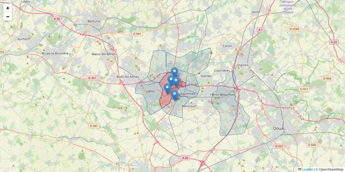 Carte de la zone du code postal  et des codes postaux voisins en France