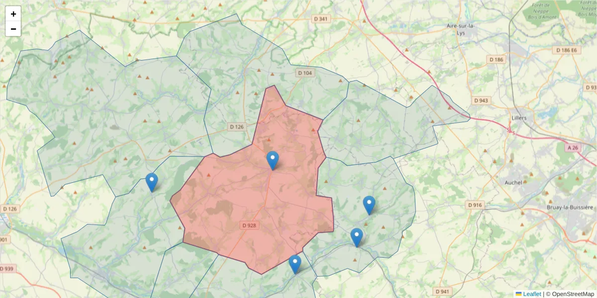Carte de la zone du code postal  et des codes postaux voisins en France