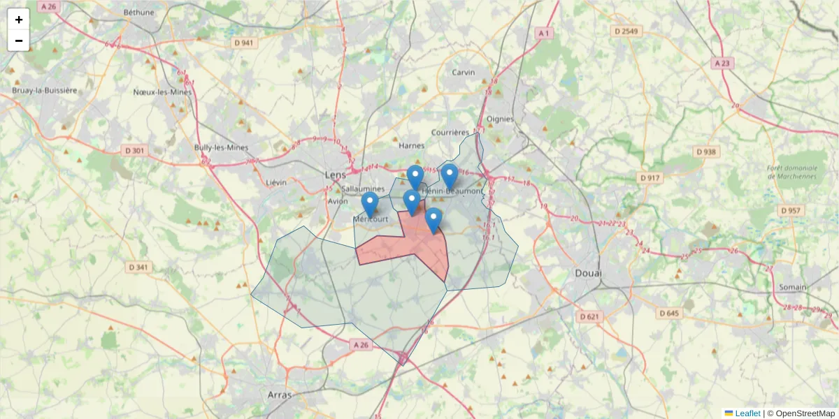 Carte de la zone du code postal  et des codes postaux voisins en France