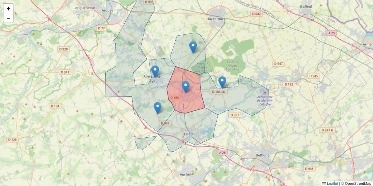 Carte de la zone du code postal  et des codes postaux voisins en France