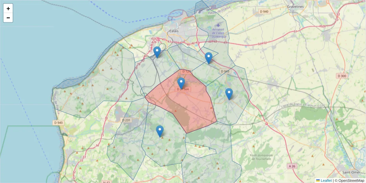 Carte de la zone du code postal  et des codes postaux voisins en France