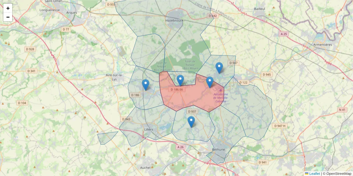 Carte de la zone du code postal  et des codes postaux voisins en France
