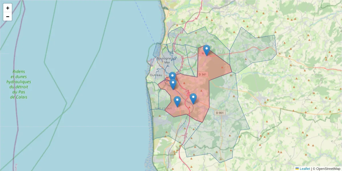 Carte de la zone du code postal  et des codes postaux voisins en France