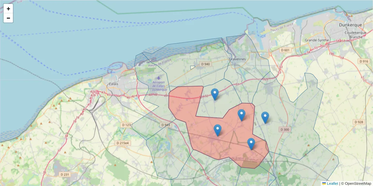 Carte de la zone du code postal  et des codes postaux voisins en France