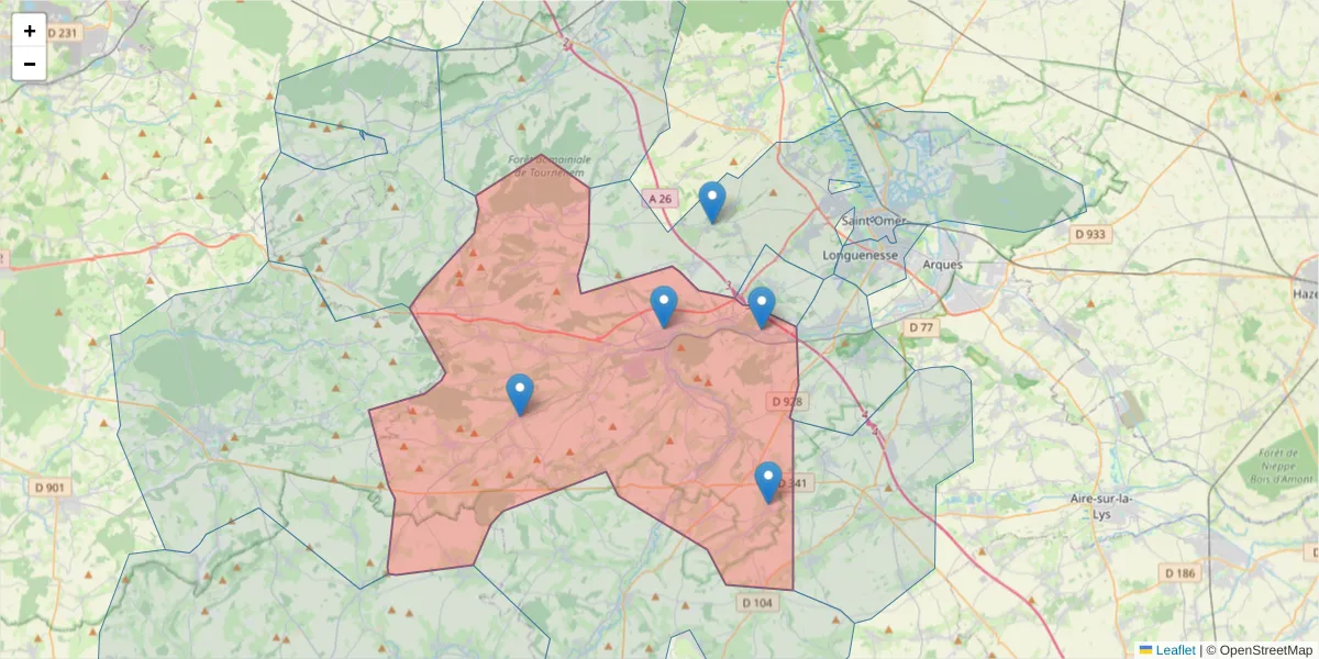 Carte de la zone du code postal  et des codes postaux voisins en France