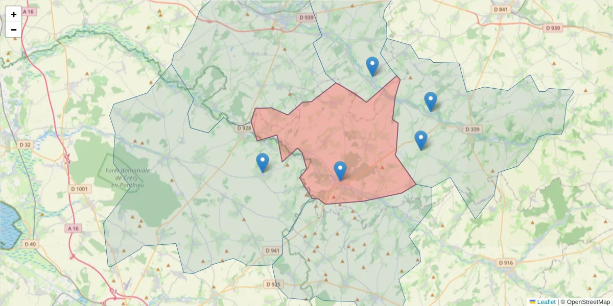 Carte de la zone du code postal  et des codes postaux voisins en France