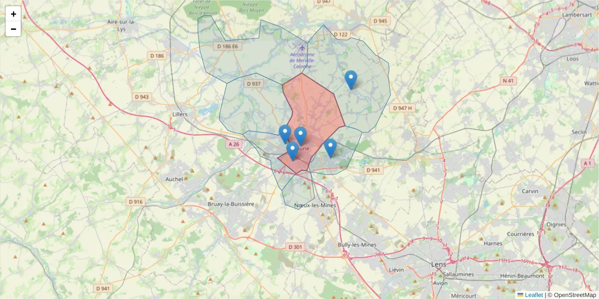 Carte de la zone du code postal  et des codes postaux voisins en France