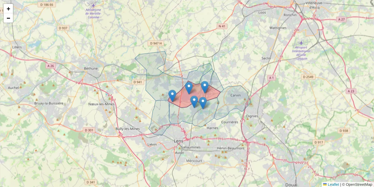 Carte de la zone du code postal  et des codes postaux voisins en France