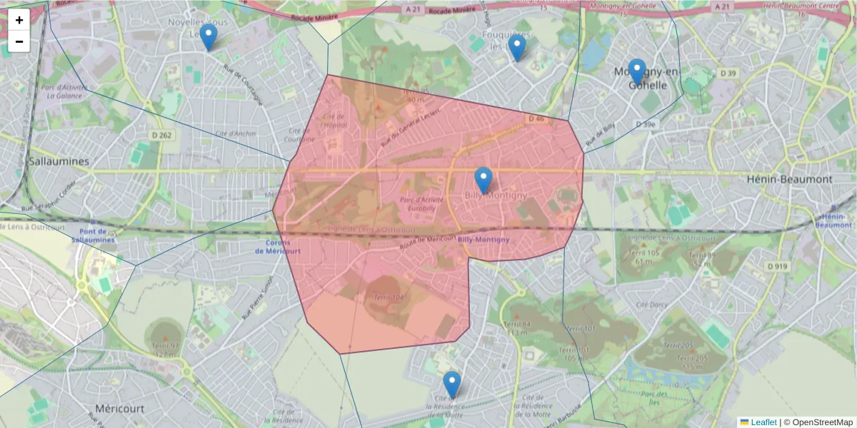 Carte de la zone du code postal  et des codes postaux voisins en France