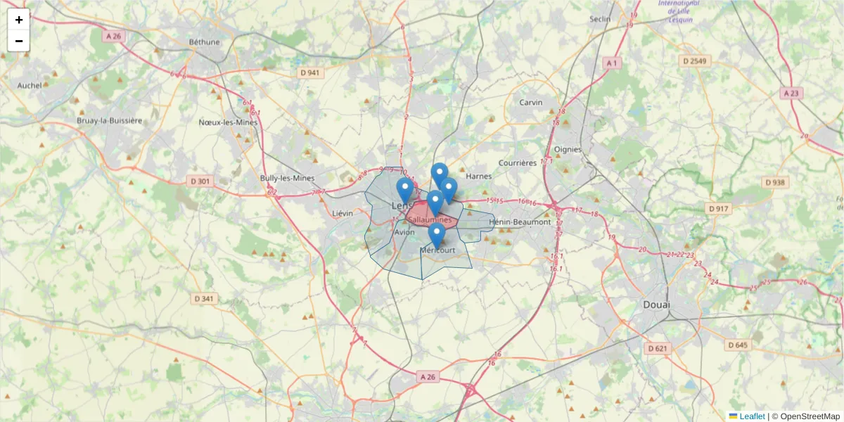 Carte de la zone du code postal  et des codes postaux voisins en France