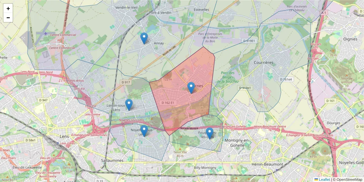 Carte de la zone du code postal  et des codes postaux voisins en France