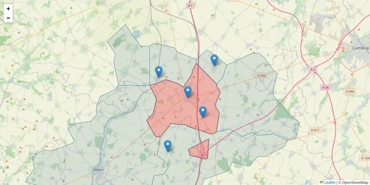 Carte de la zone du code postal  et des codes postaux voisins en France